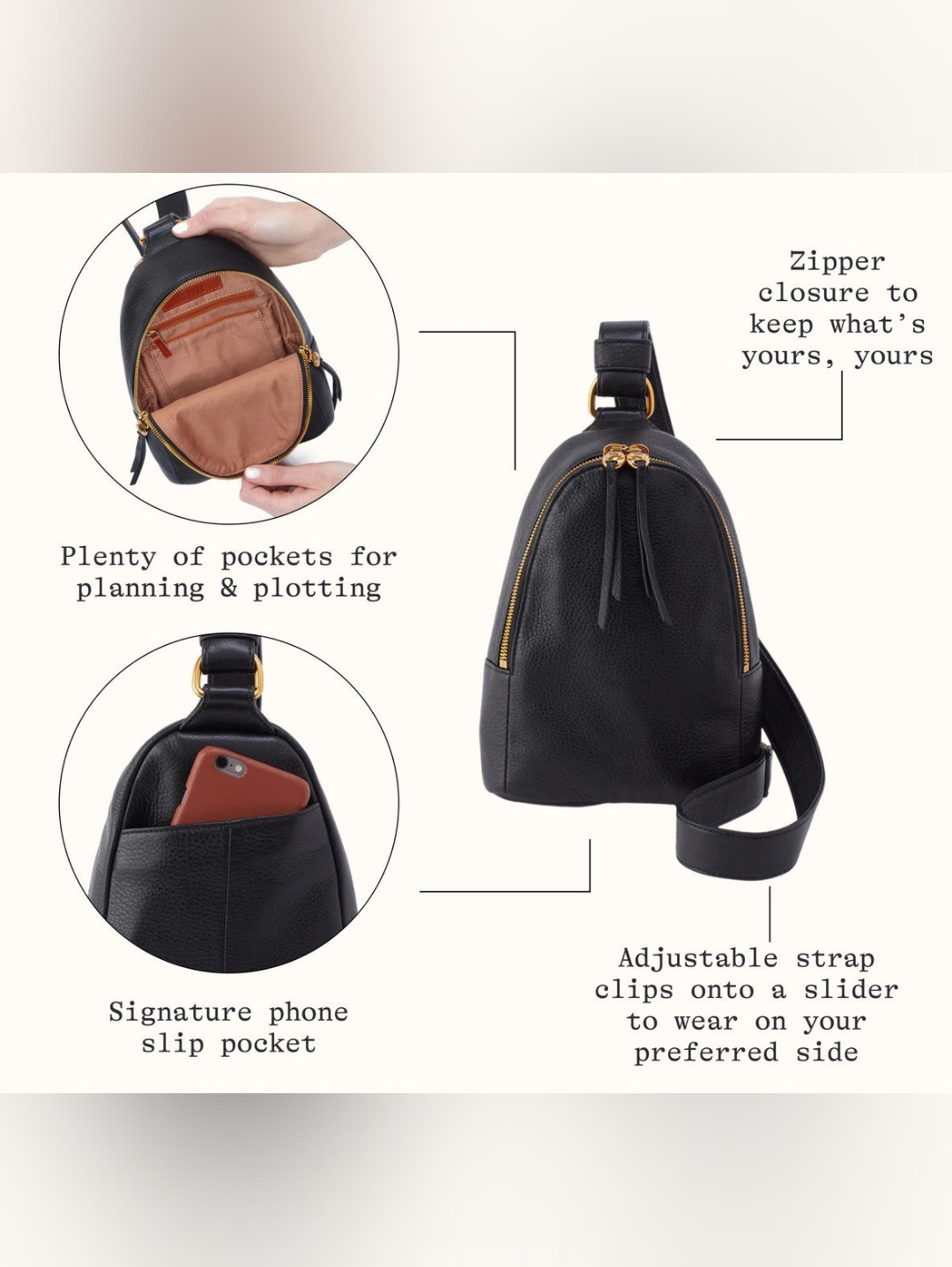 Hobo Unisex Classic Casual Fern Sandstone Pebbled Leather Sling Crossbody Bag — image 6 of 6